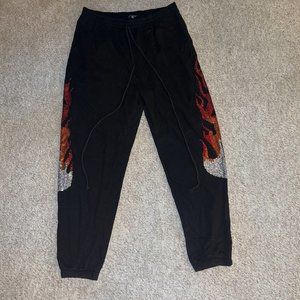 Fashion Nova Women's Black w/ Beaded Flame Streetwear Sweat Pants Size 3XL